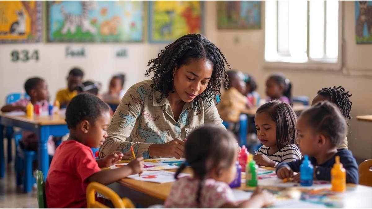 ECD learnership trainee assisting toddlers during classroom activity