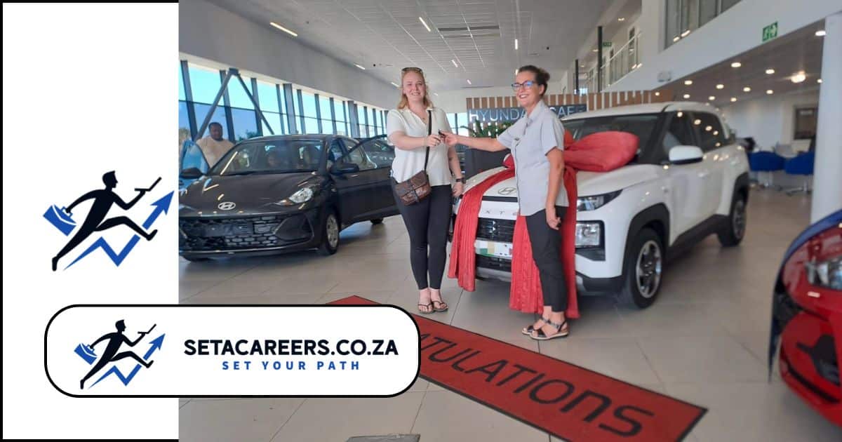 Hyundai sales trainee learning automotive sales skills in a dealership showroom