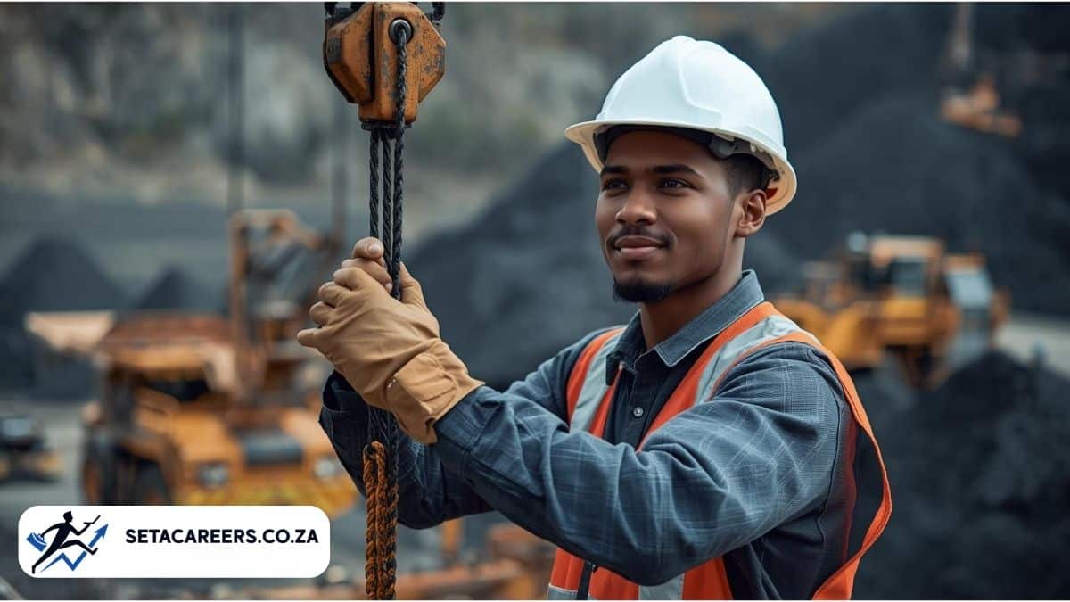 Rigger learnership trainee assisting with heavy lifting operations at Black Rock Mine