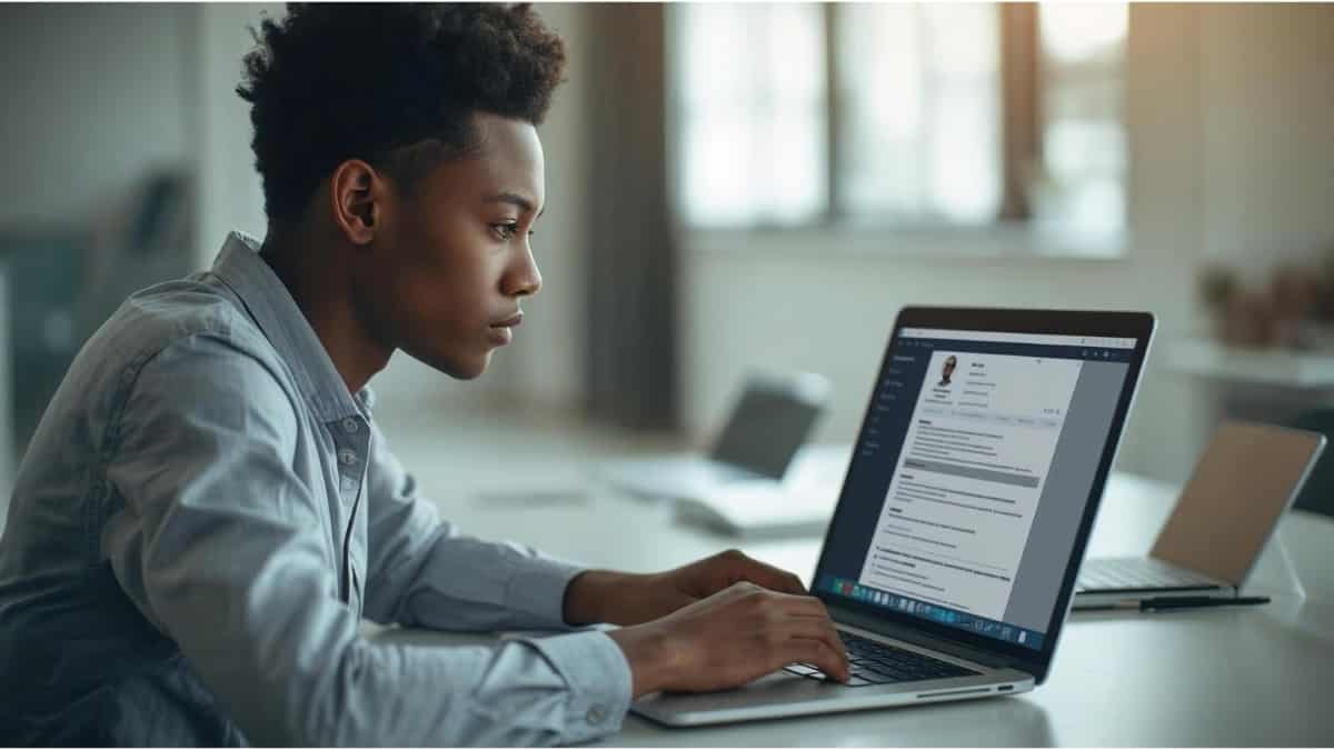 Young South African professional reviewing ATS-friendly CV template on laptop in 2026