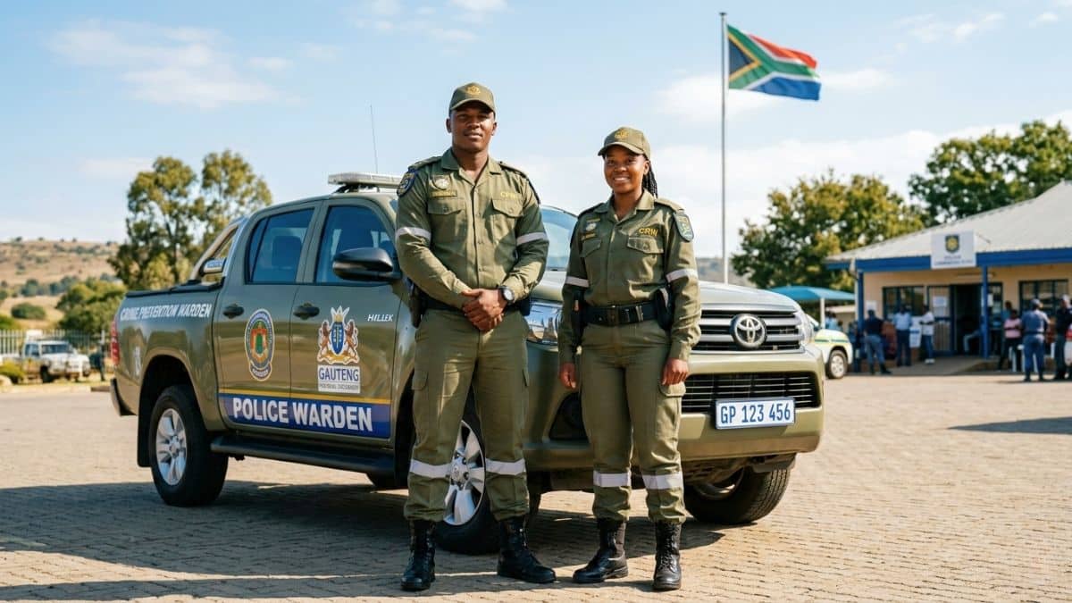 Gauteng Crime Prevention Wardens (Amapanyaza) in uniform during a 2026 training session