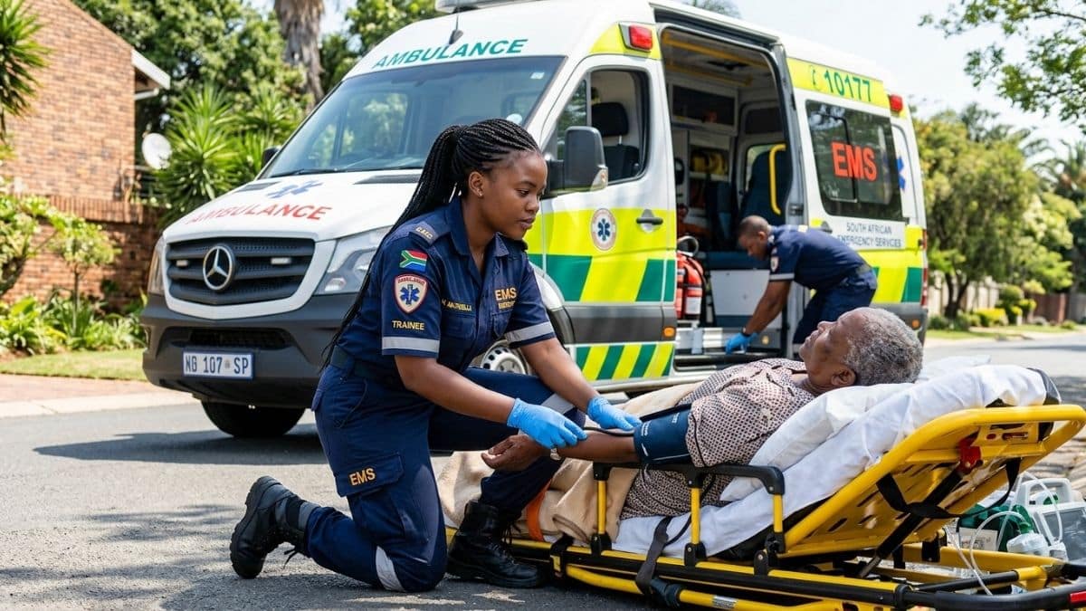 Ambulance assistant trainee helping patient during emergency
