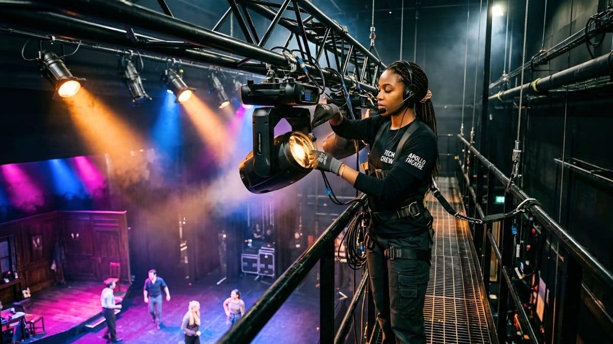 Theatre intern adjusting stage lighting during Artscape EPWP internship training