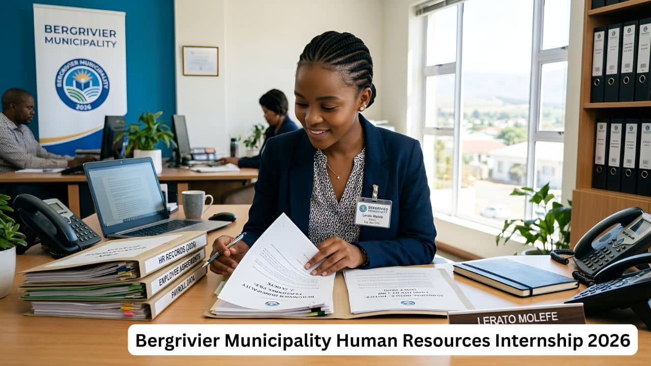 Young HR intern reviewing documents in a municipal office in Piketberg