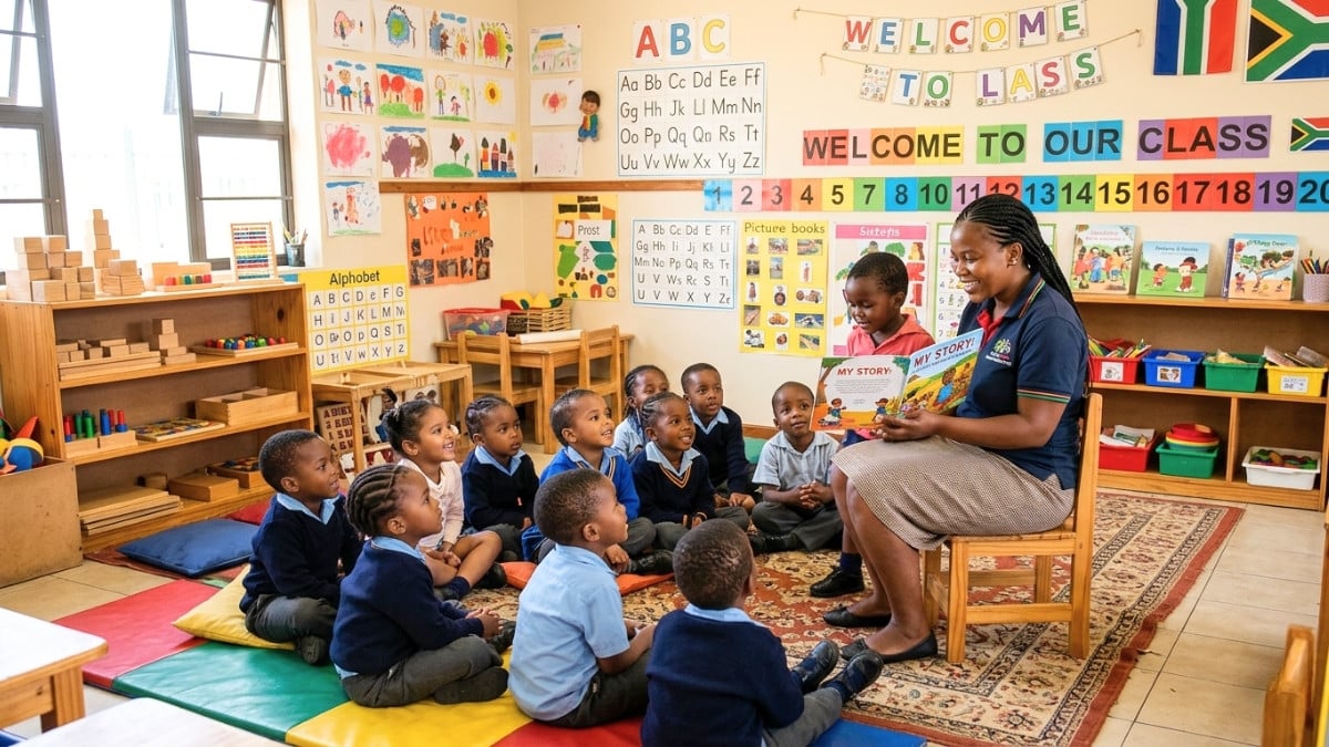Early childhood development teacher working with preschool children in classroom