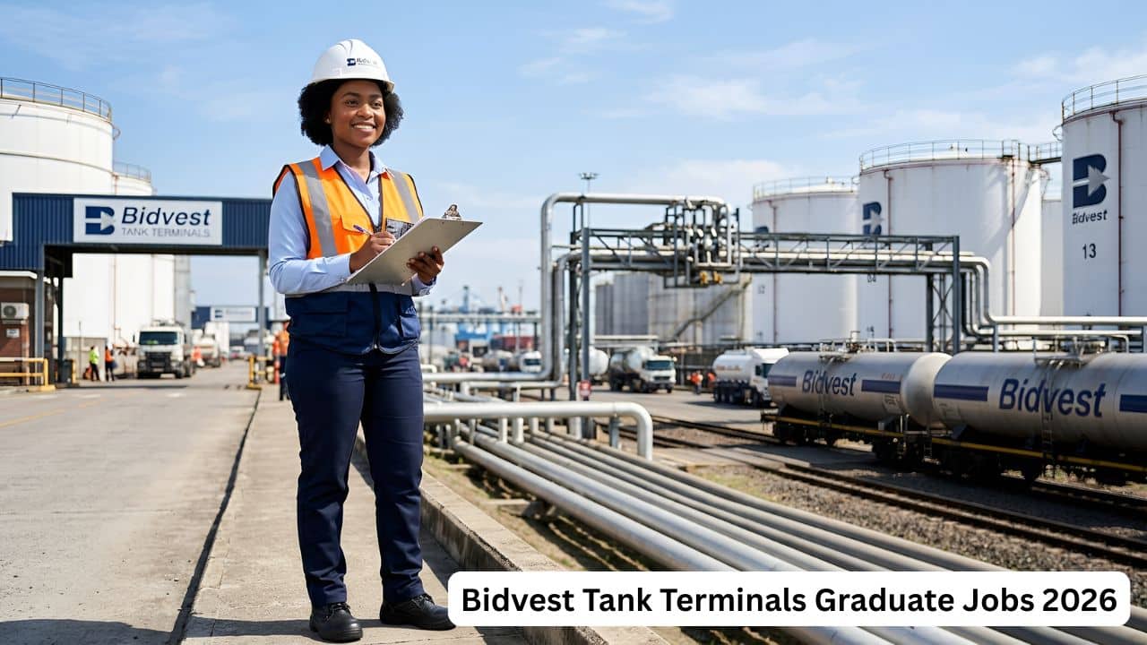 Young graduate standing at an industrial tank terminal near logistics infrastructure