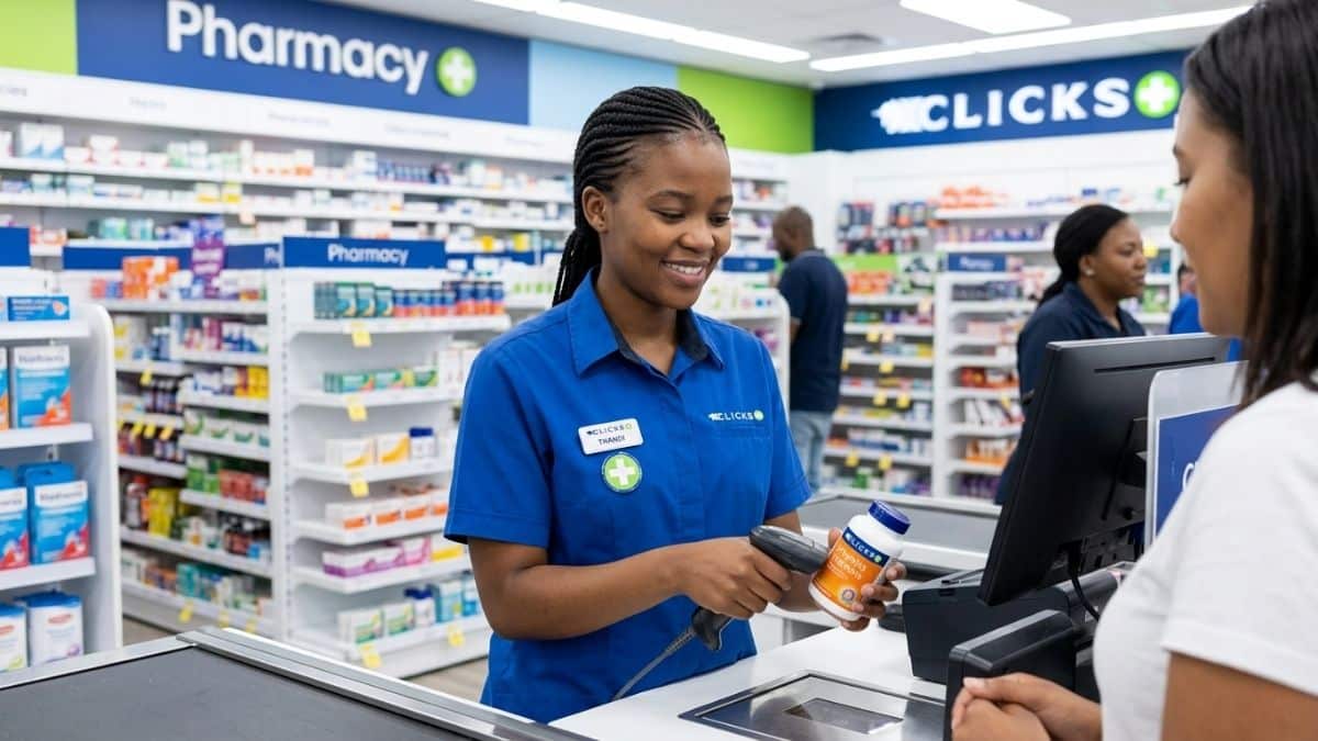 Young retail trainee working at checkout counter in Clicks store during Youth Employment Programme