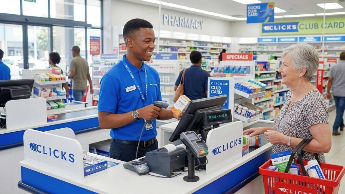 Retail trainee working at checkout counter in store