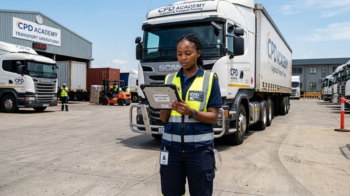 Logistics learnership trainee working in transport yard with trucks