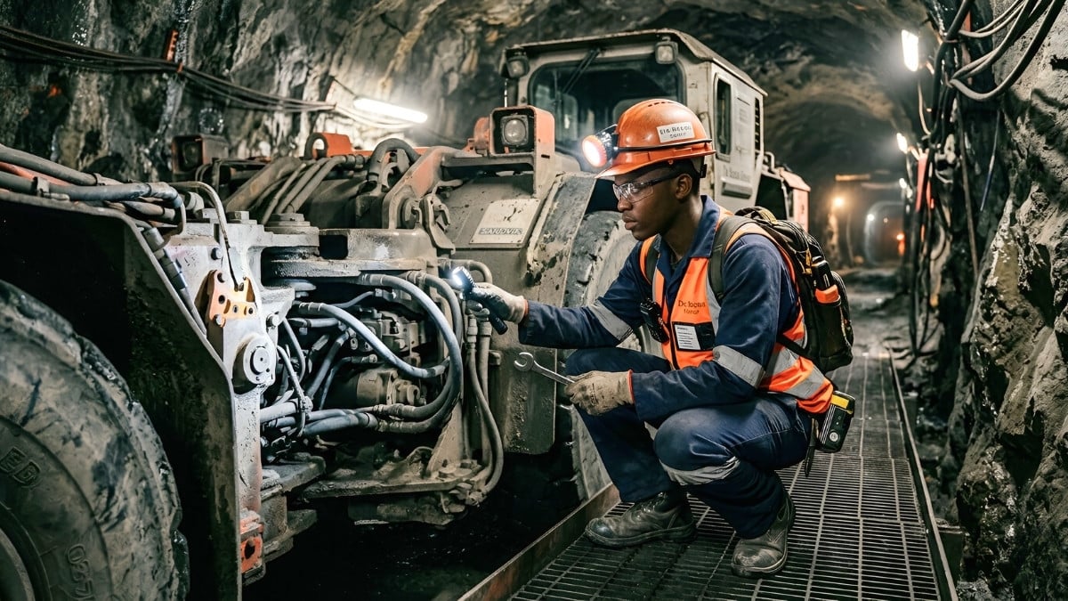 Engineering learner inspecting mining equipment during De Beers Engineering Learnership Programme