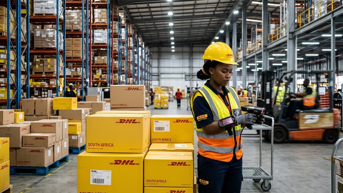 Young warehouse worker scanning parcels during DHL logistics learnership training