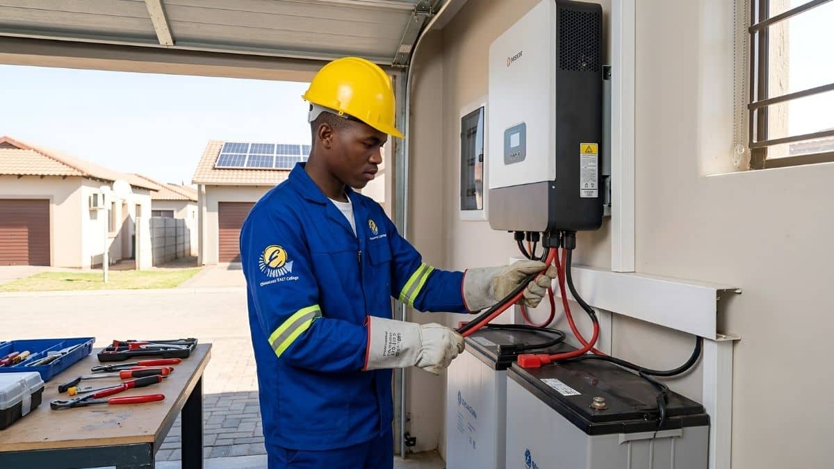 Technician installing domestic battery energy storage system during Ehlanzeni TVET College skills programme