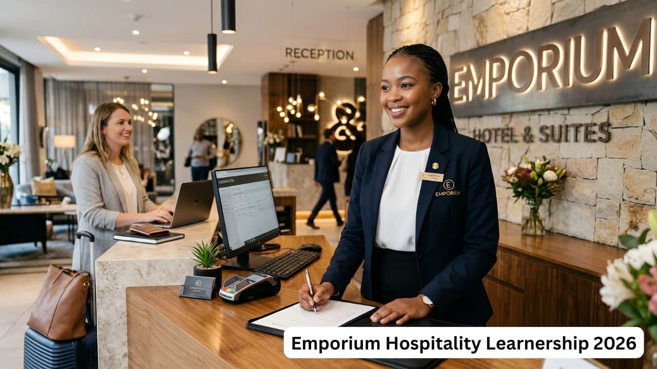 Young hospitality learner standing at a hotel reception desk during workplace training