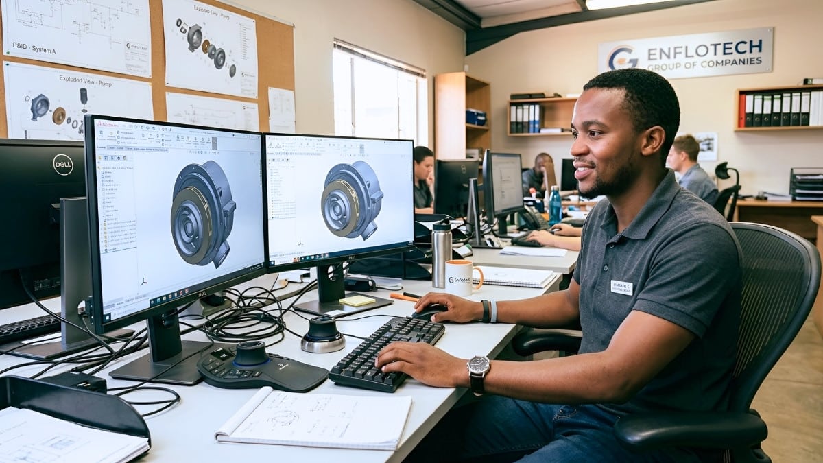 Young South African engineering learner working on 3D CAD design during the Enflotech Draughting Learnership Programme 2026