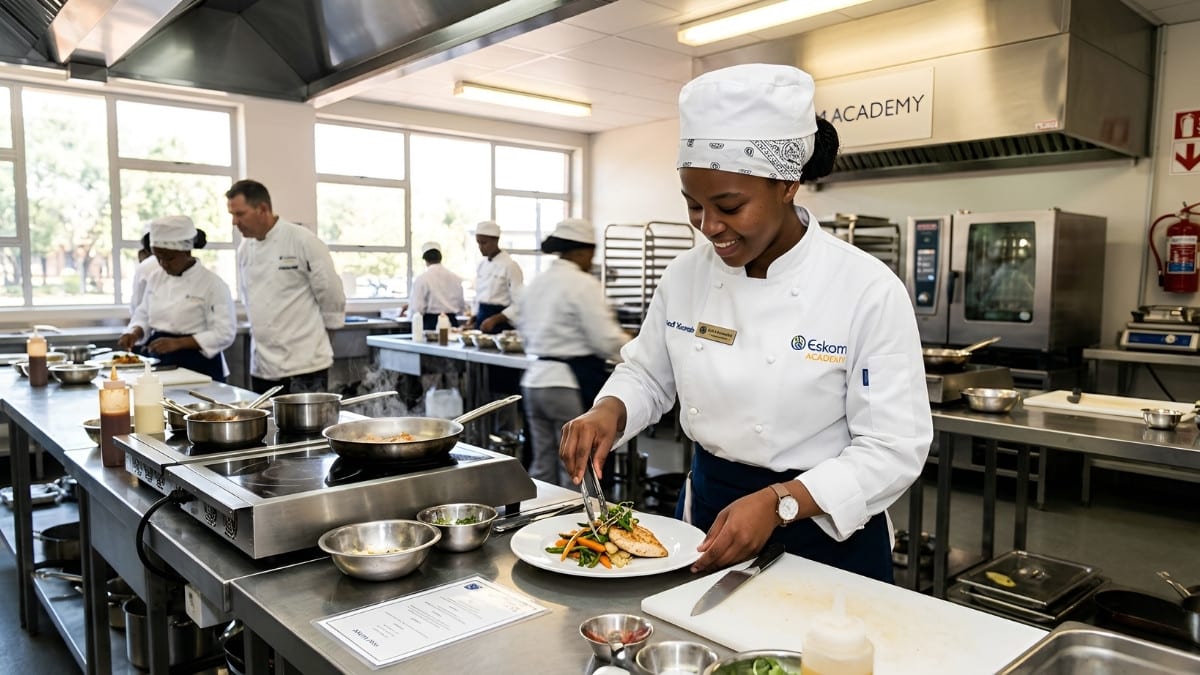 Hospitality learner training in a professional kitchen during Eskom Hospitality Learnership Programme