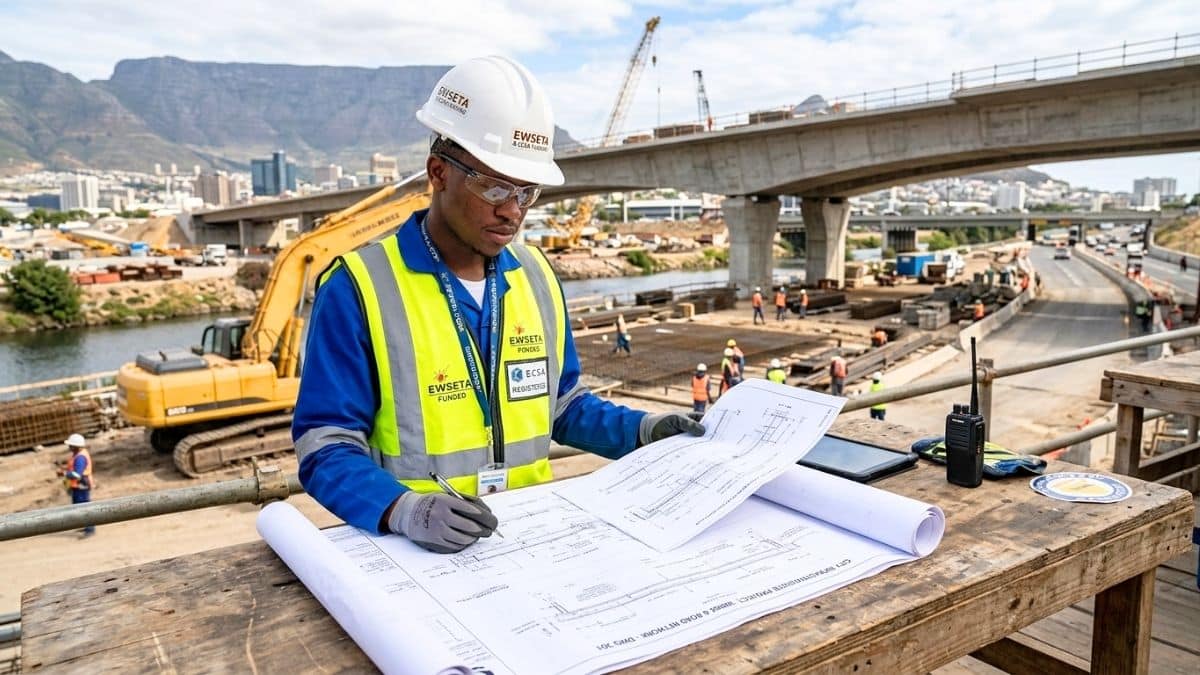 Candidate engineer reviewing plans at construction site