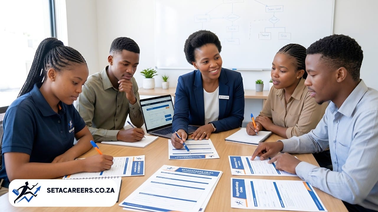 Mentor guiding young South African adults through SETA learnership and internship application forms in a training room.