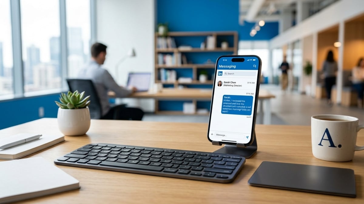A smartphone showing a successful LinkedIn message to a recruiter on a professional office desk.
