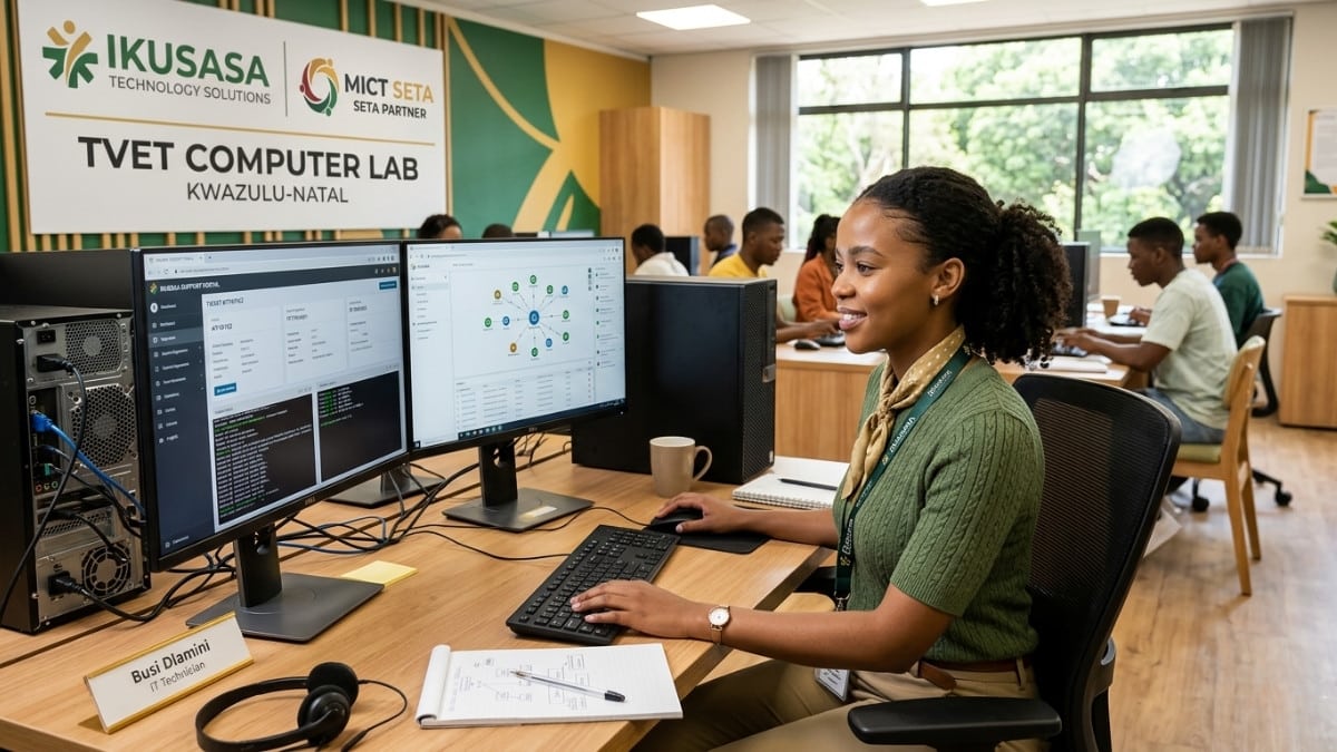 Young South African IT learner completing the Ikusasa Technology Solutions MICT SETA Technical Support Learnership 2026 at Esayidi TVET College Umzimkhulu Campus KwaZulu-Natal