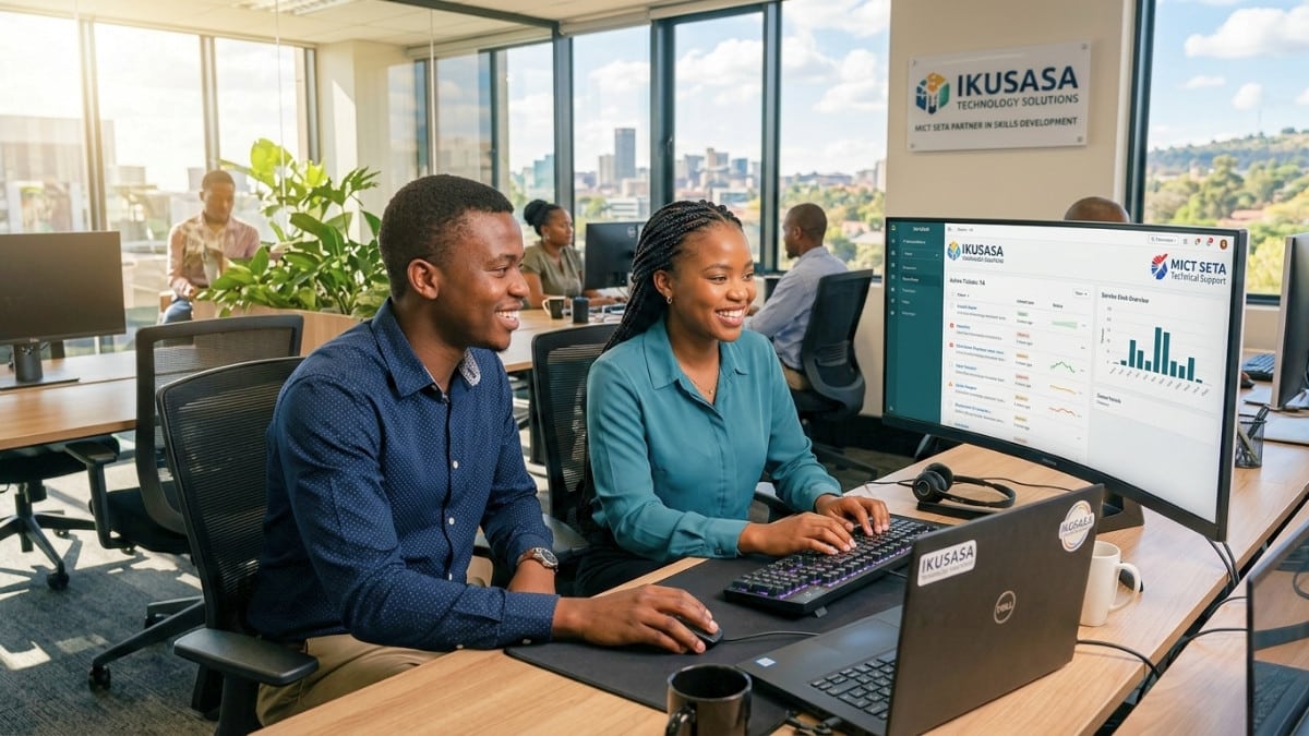 Young South African IT learners working at computers during the Ikusasa MICT SETA Technical Support Learnership Programme 2026