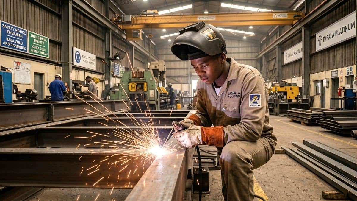 Engineering learner welding steel structure during boilermaking training in industrial workshop
