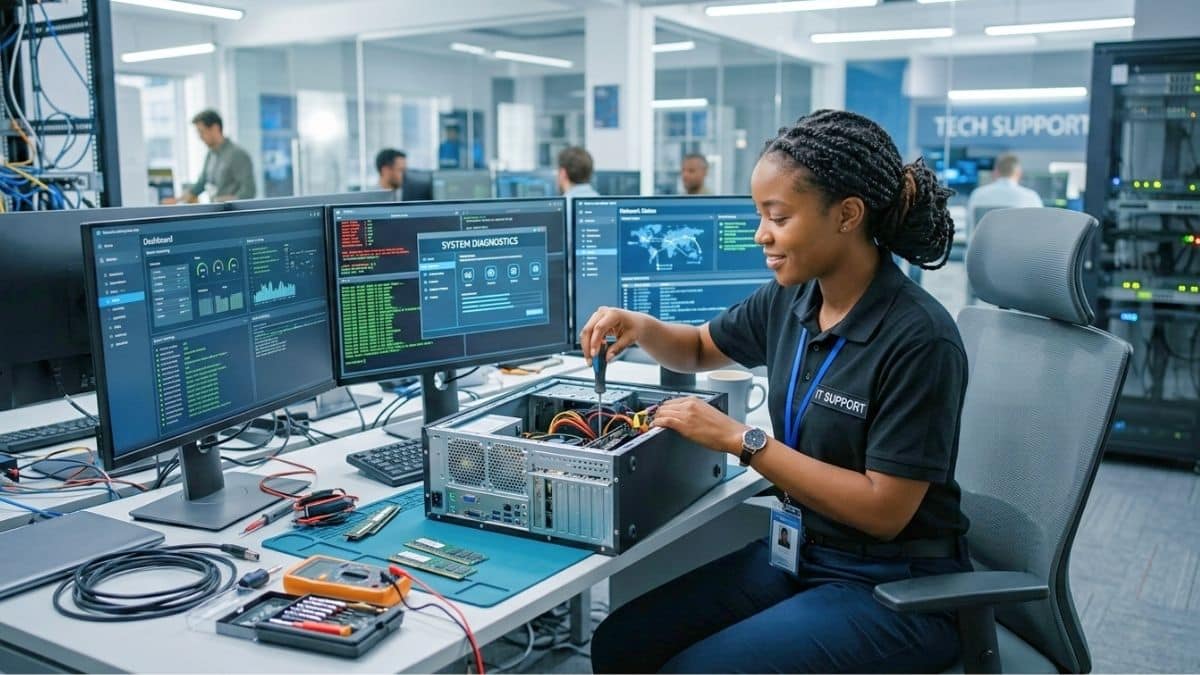 IT student troubleshooting computer systems during training