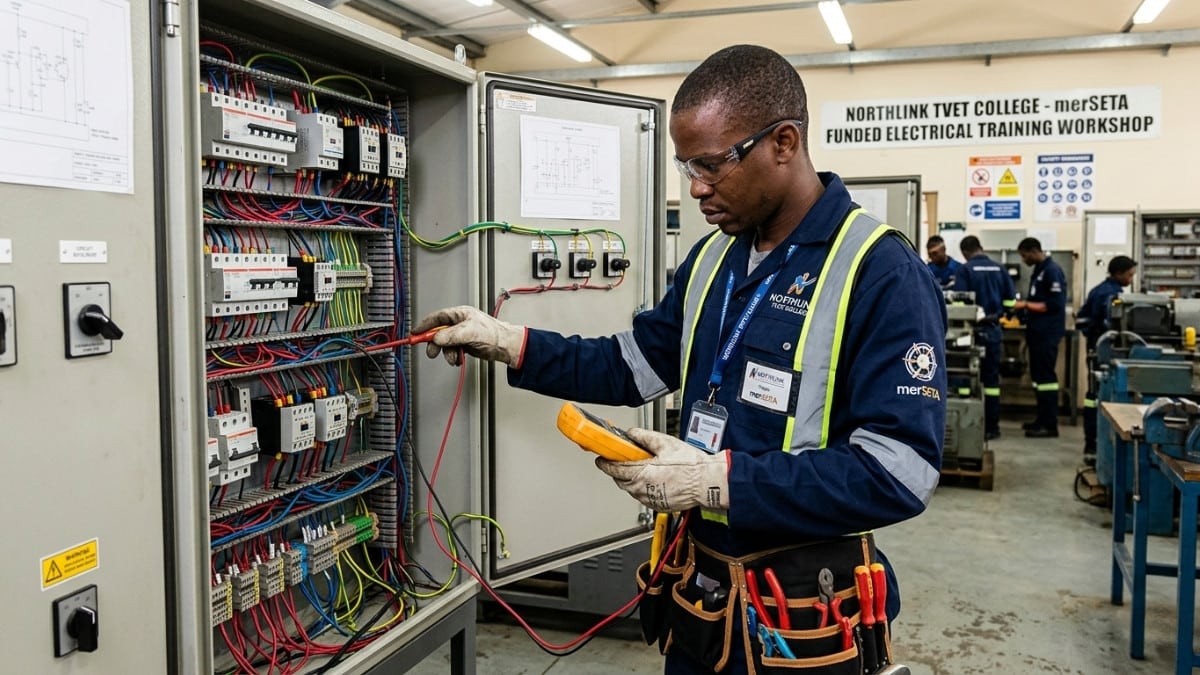 Electrician trainee working on electrical panel during artisan learnership training