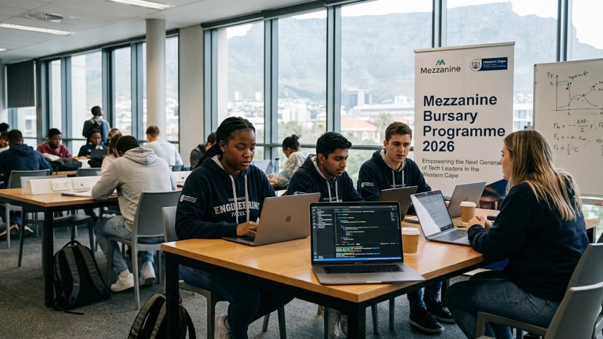 Computer science student studying on laptop with bursary support