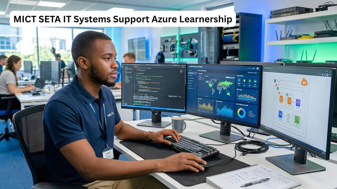 Young IT learner studying systems support and Azure in a modern computer lab
