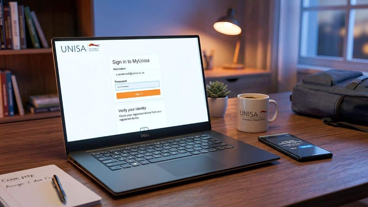 Screenshot of the MyUnisa and MyLife login portals on a laptop.