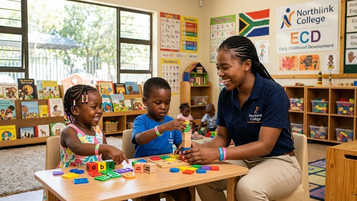 Young South African ECD Practitioner learner engaging with children at Northlink College Goodwood Campus during the fully funded QCTO-accredited ECD Level 4 Learnership 2026