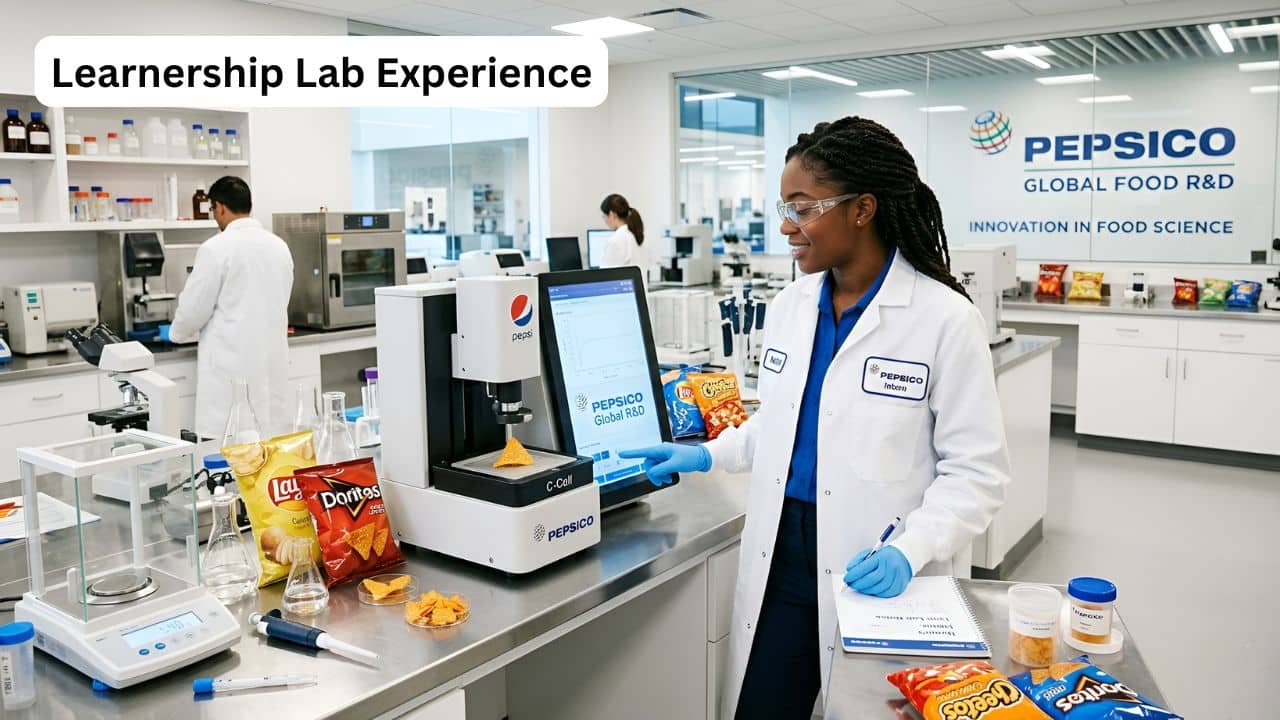 Food science student participating in the PepsiCo R&D WIL Learnership, conducting product testing in a professional lab in Isando, South Africa