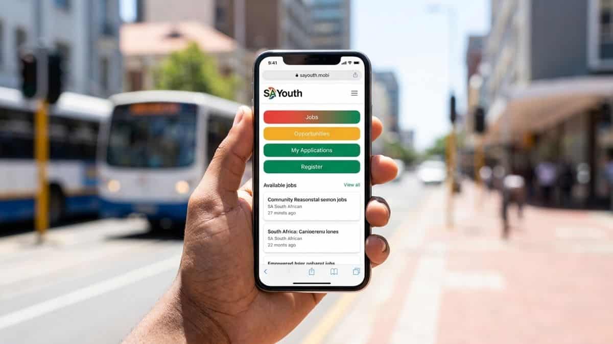 A young South African checking their job profile on the SAYouth.mobi platform using a smartphone.