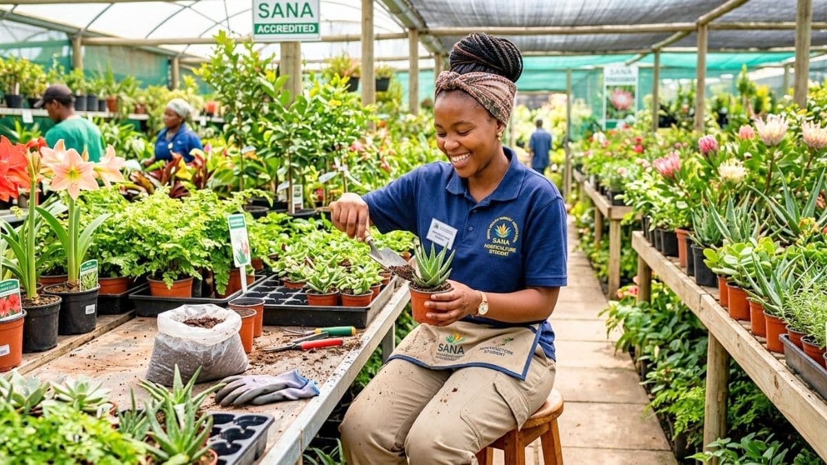 Horticulture student in South Africa working in a plant nursery for SANA bursary opportunity