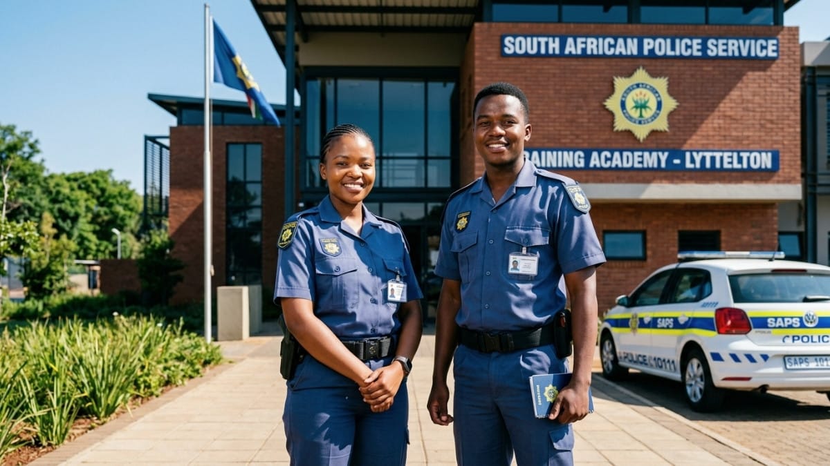 Two young South Africans in SAPS trainee uniforms representing the 2026 recruitment intake.