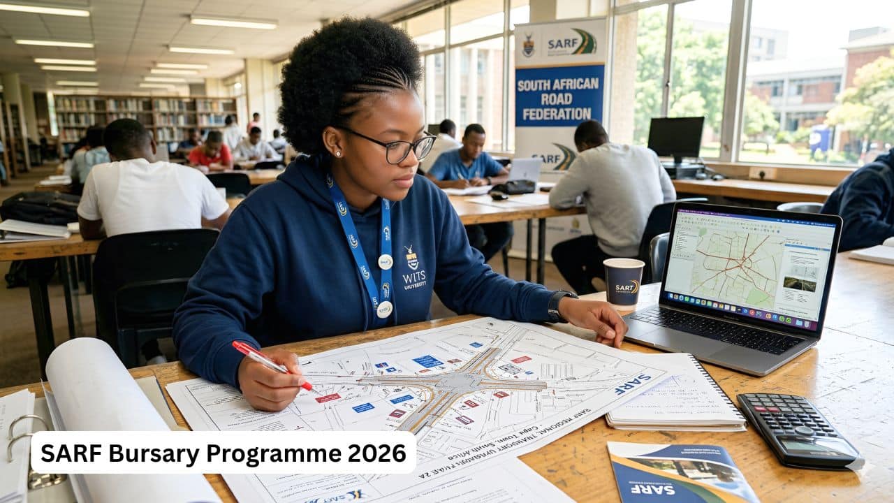 South African student reviewing transport and road engineering study documents for a bursary application