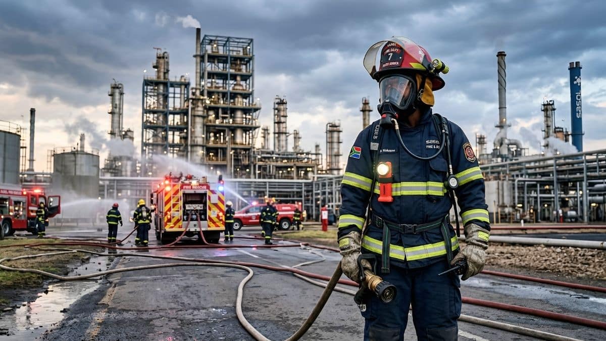 Sasol firefighter trainee standing at Secunda refinery emergency response unit