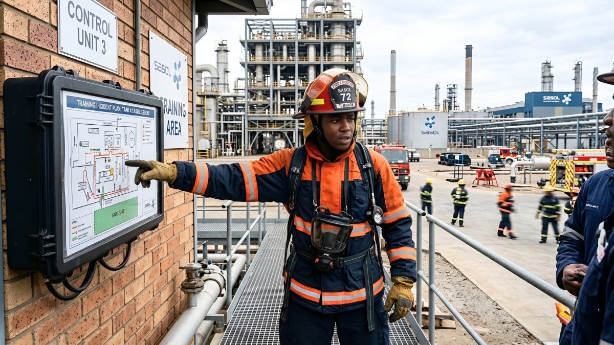 A Sasol Junior Fire Fighter instructor leading a training session in Secunda.