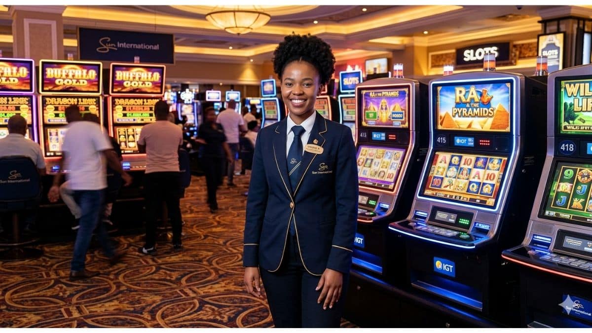 Young learner working on slot machines during Sun International Gaming Operations Learnership in KwaZulu-Natal