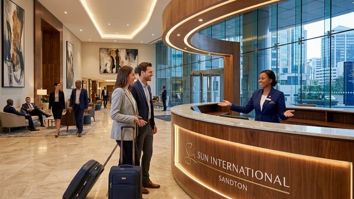 Receptionist at luxury hotel front desk in Sandton assisting guests