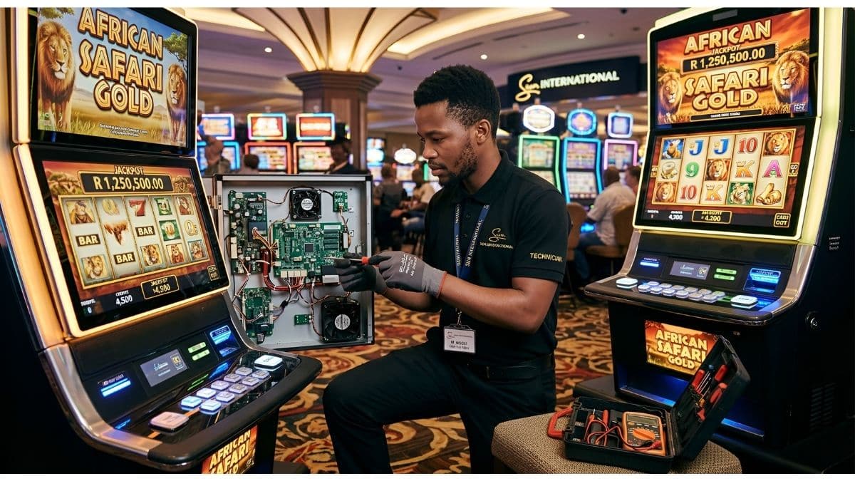 Young technician trainee maintaining slot machine during Sun International Slots Technical Learnership at Sibaya Casino