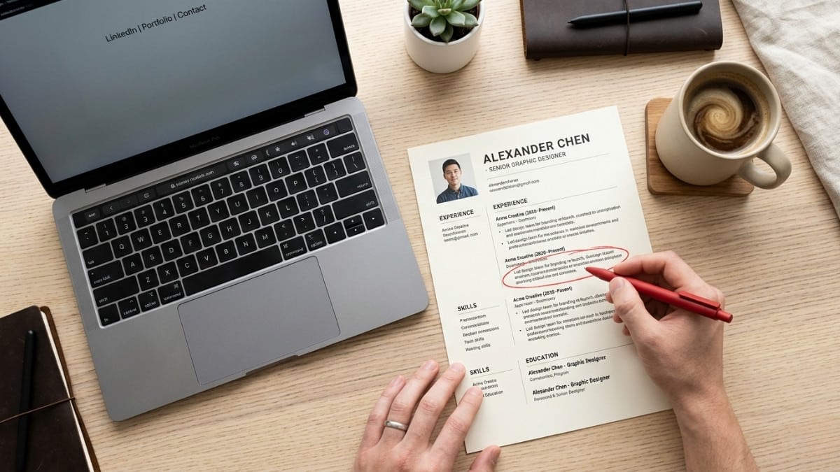 A professional CV with a red pen highlighting common mistakes on a modern office desk