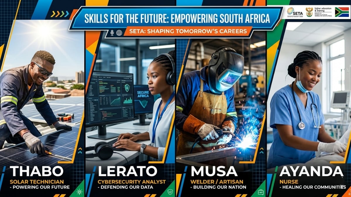South African professionals in SETA in-demand fields for 2026 including solar installation, cybersecurity, engineering trades, and healthcare nursing