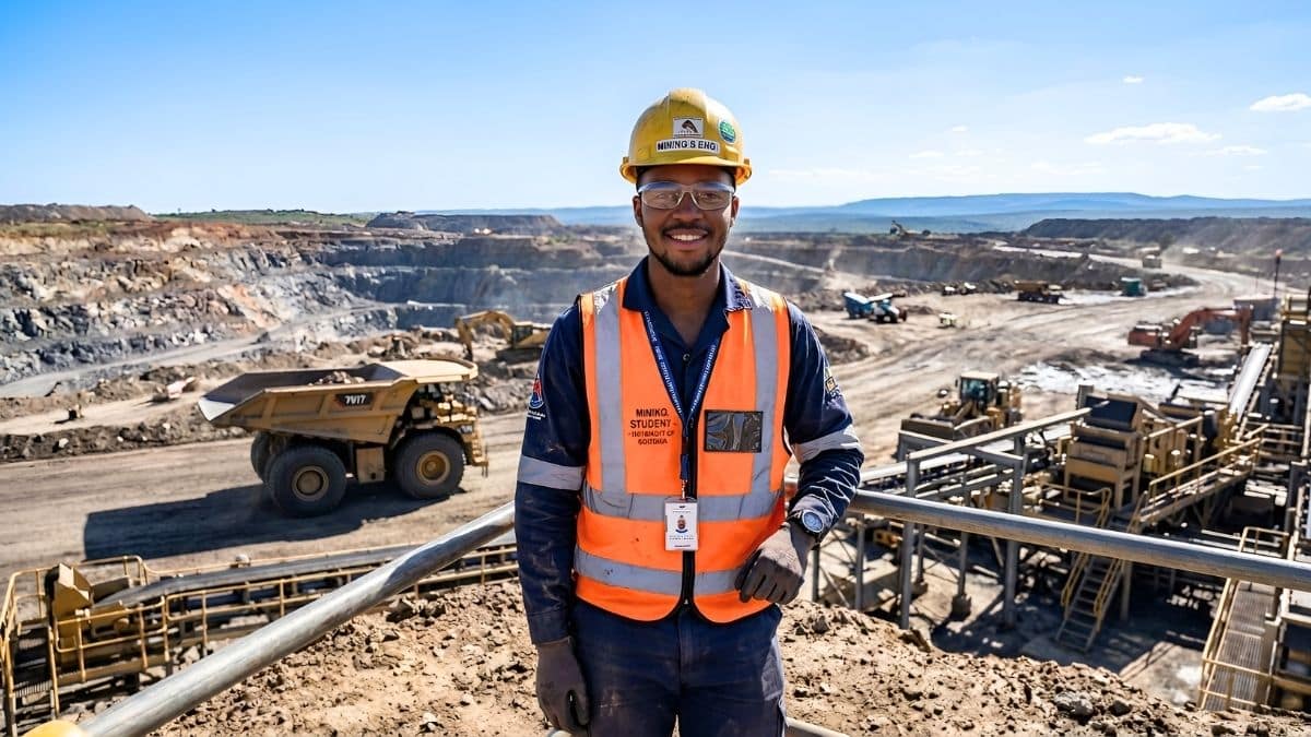 A South African student smiling at a mining site, representing the Trans Hex 2026 Bursary Programme.