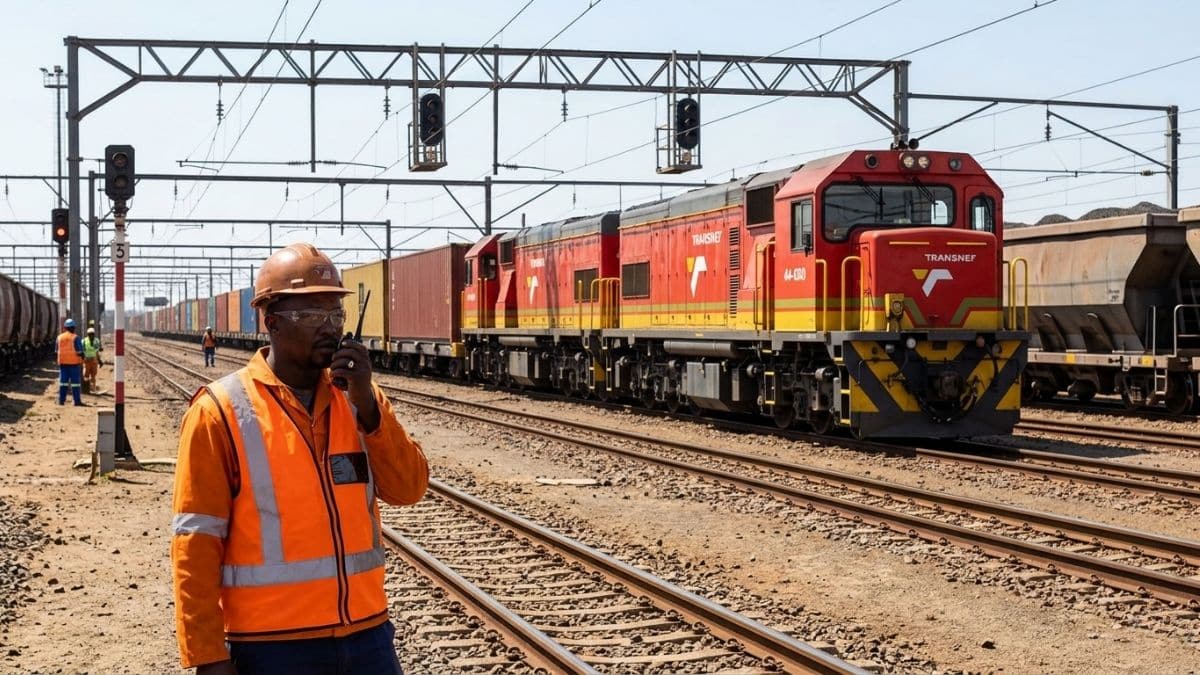 Transnet Freight Rail yard operations with trainee yard official in safety gear