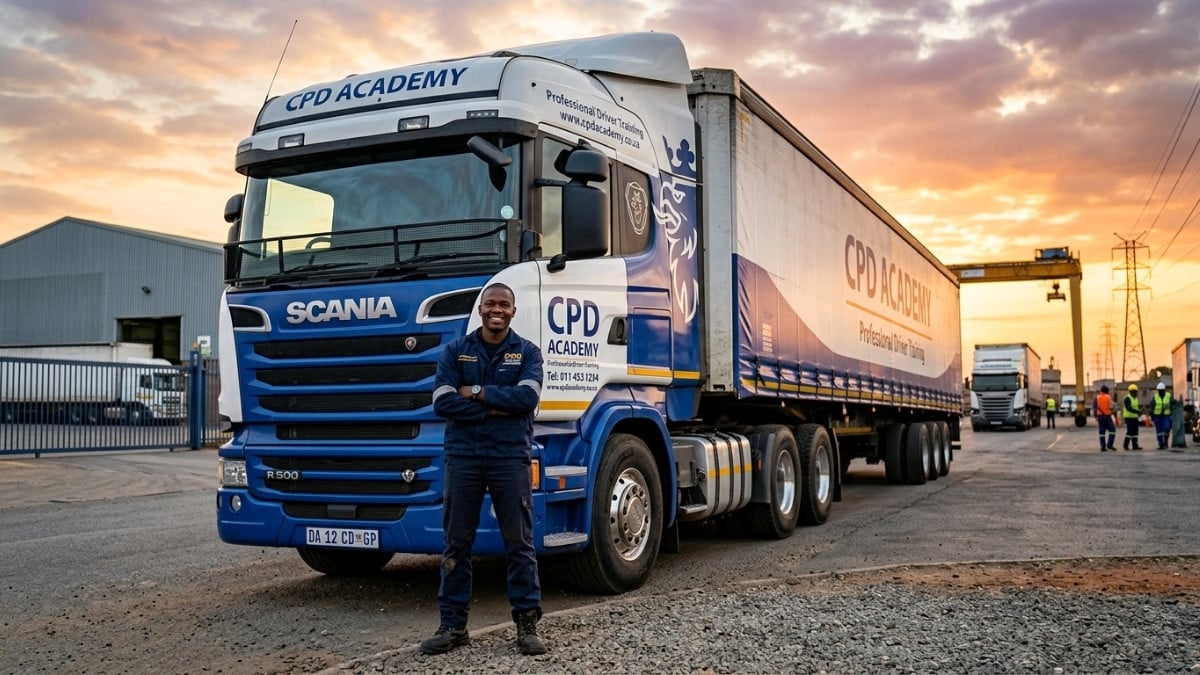 Truck driver standing next to cargo truck during learnership training in South Africa