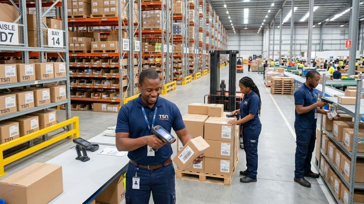 Warehouse worker scanning inventory in logistics facility