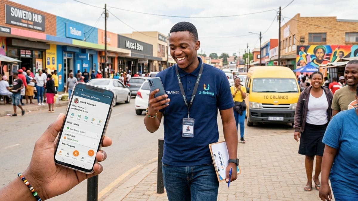 Young learner using smartphone during U-Belong Learnership sales training