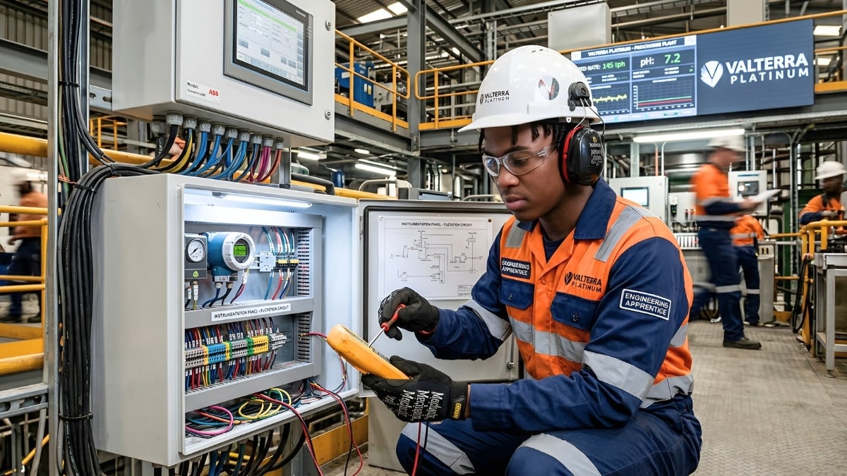 Engineering apprentice working with instrumentation equipment in a mining facility