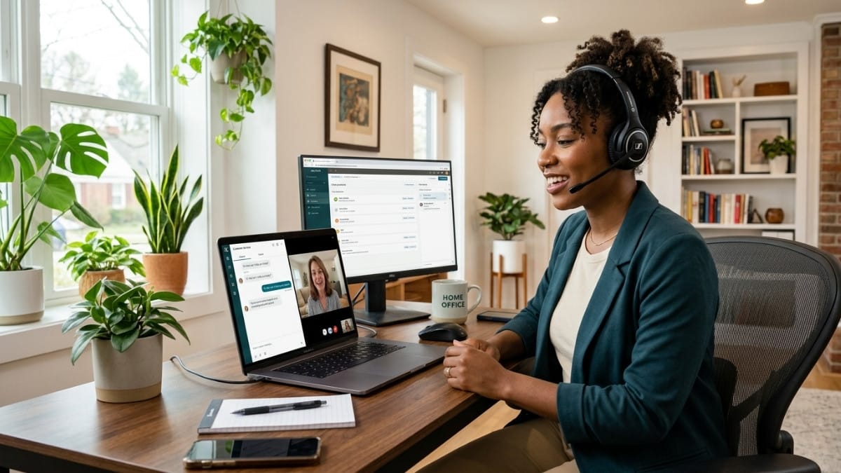 Remote customer service agent working from home on laptop